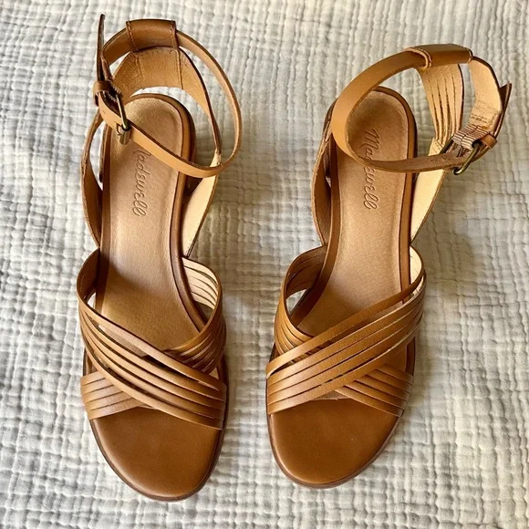 Madewell | Brown Cognac Tan Leather Sandals Heels Strappy - Picture 3 of 12